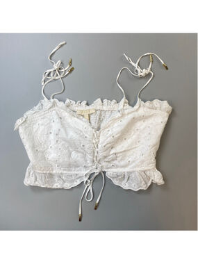 Studio F White Crop Top Medium Eyelet Lace-Up Milkmaid Boho Festival Western